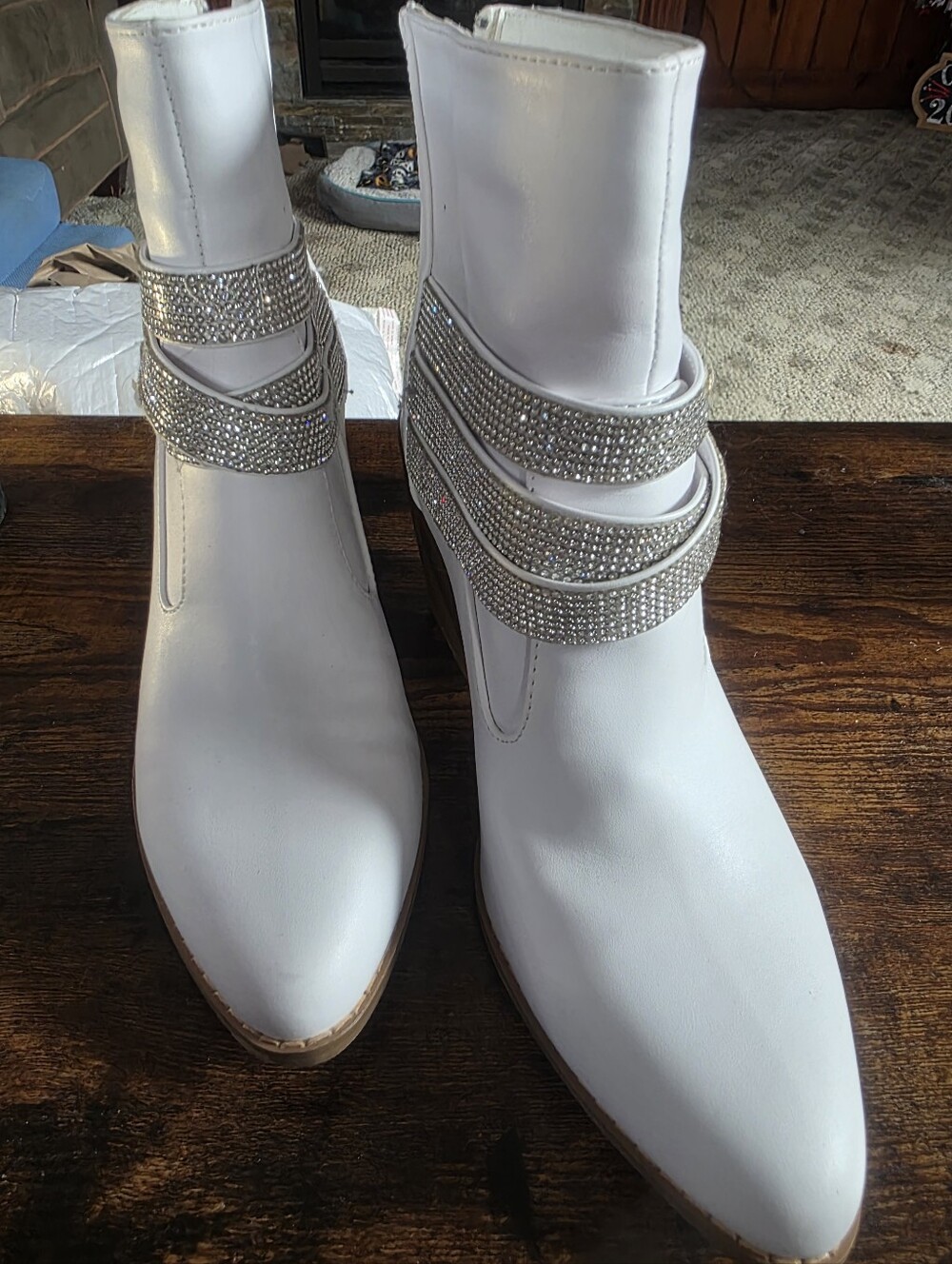 White Rhinestone Strap Pointed Toe Ankle Boots 9
